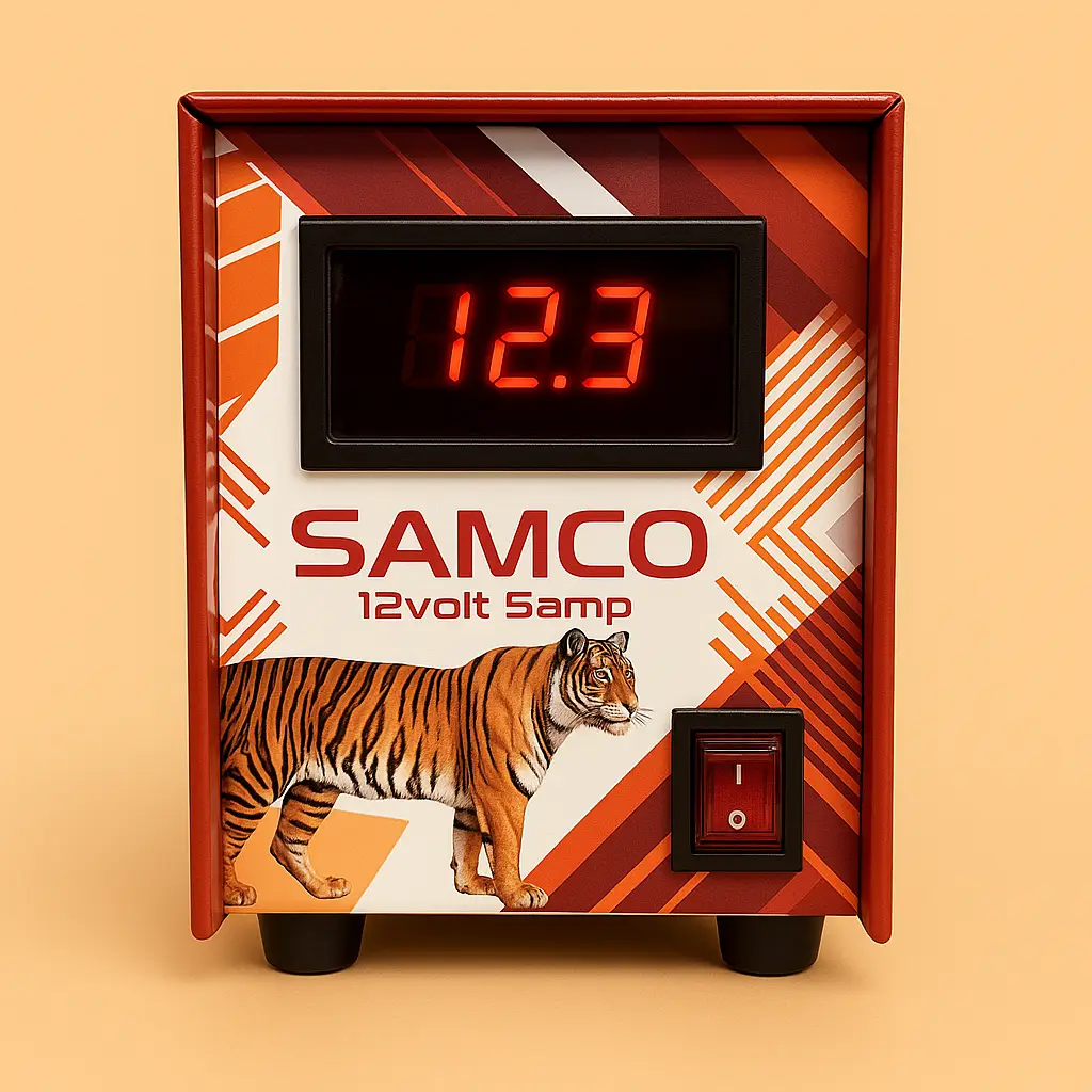 SAMCO 12 Volt 5 Amp SMPS Battery Charger with digital display showing voltage readings