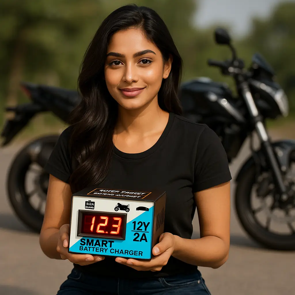 SAMCO 12V 2A motorcycle battery charger with digital LED display showing front panel view