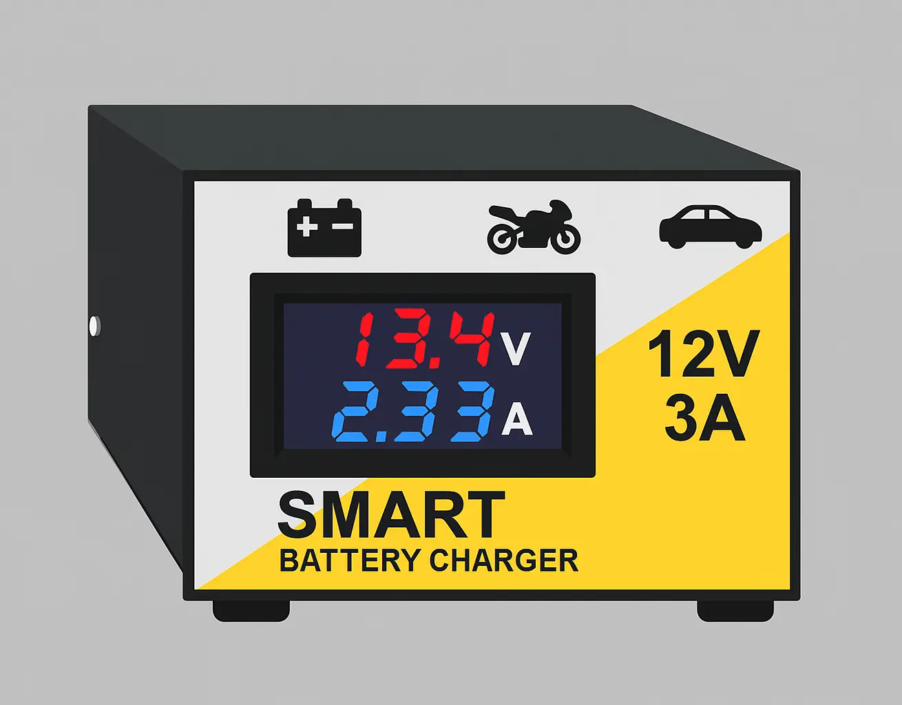 Close-up view of Samco 12V 3A digital bike battery charger LCD screen displaying real-time voltage and amperage readings during charging process, suitable for all Indian motorcycle brands