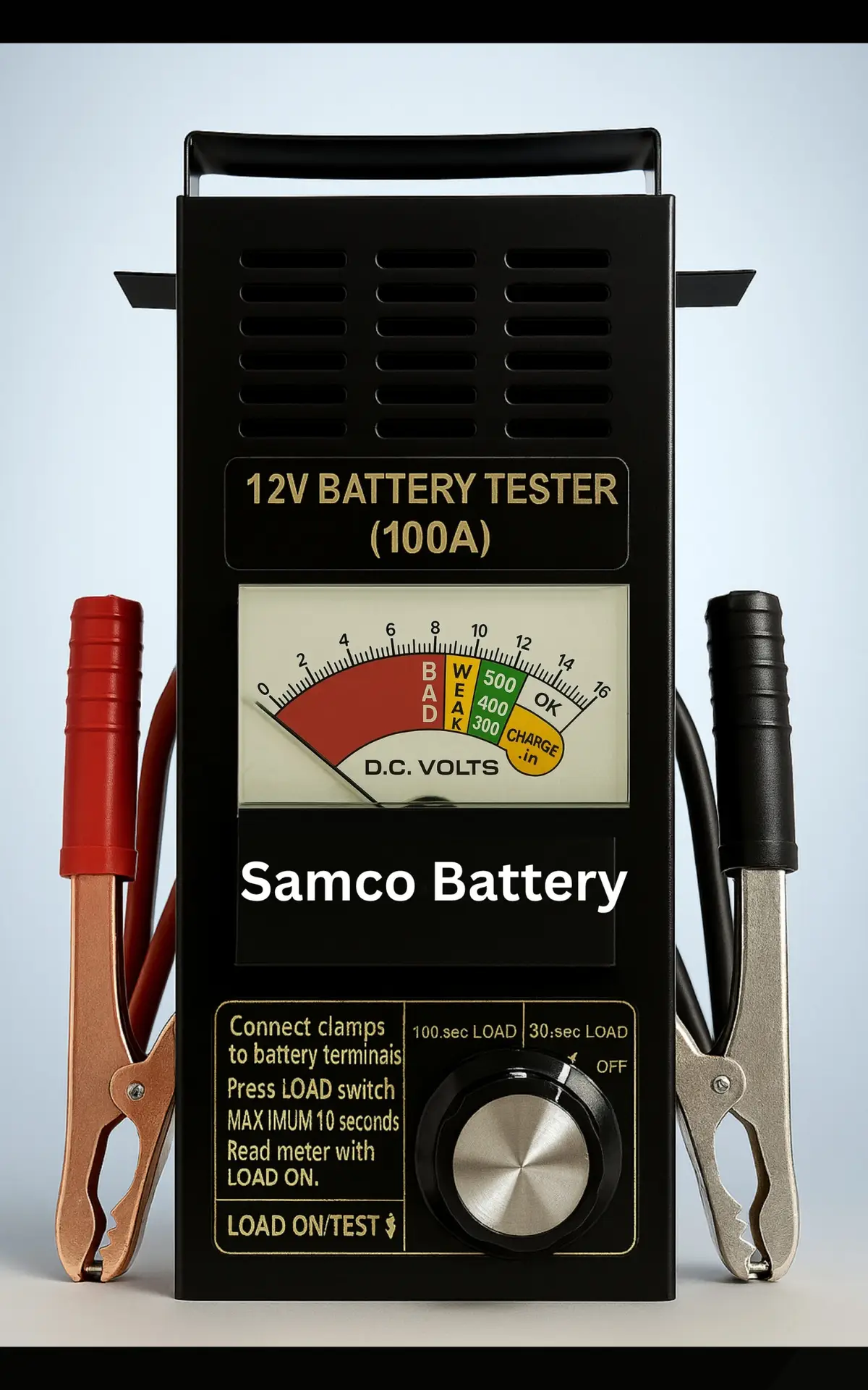 100A 12V battery tester with heavy-duty clamps for car battery testing in India