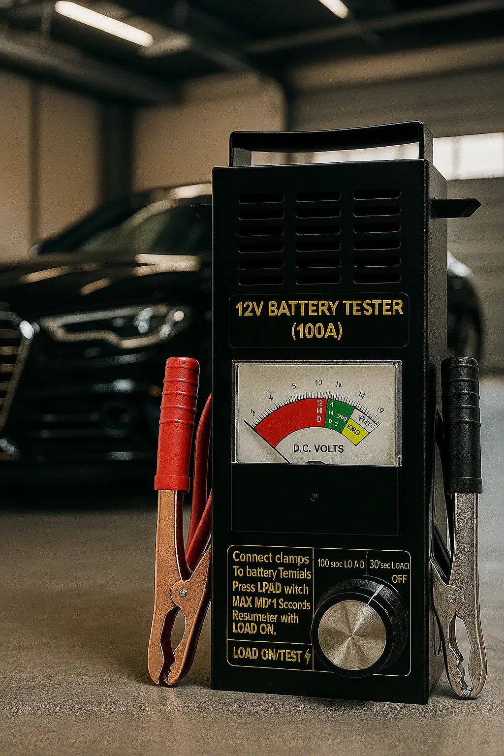 12V battery tester – angled view with voltmeter and 100A load switch for automotive use in India