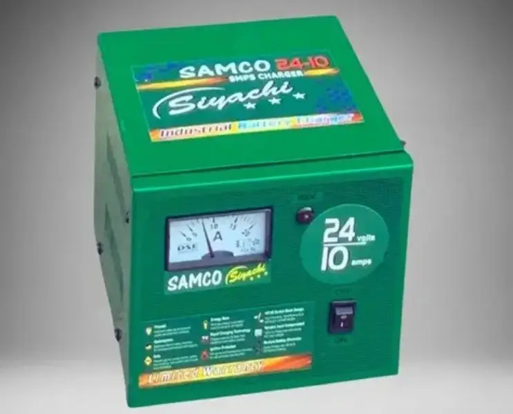 SAMCO 24 Volt 10 Amp BATTERY CHARGER with analogue current meter and metal body