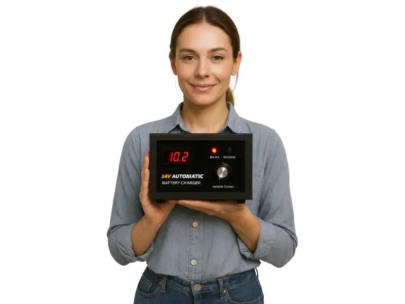 SAMCO 24 volt 10 amp battery charger in black metal body with clear indicators