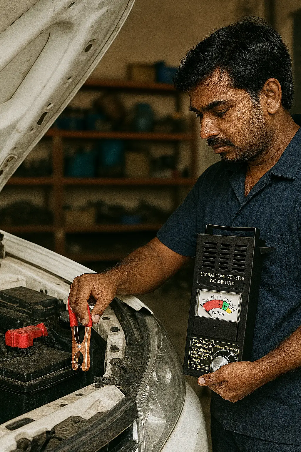 Indian garage mechanic testing car battery using a 12V battery tester