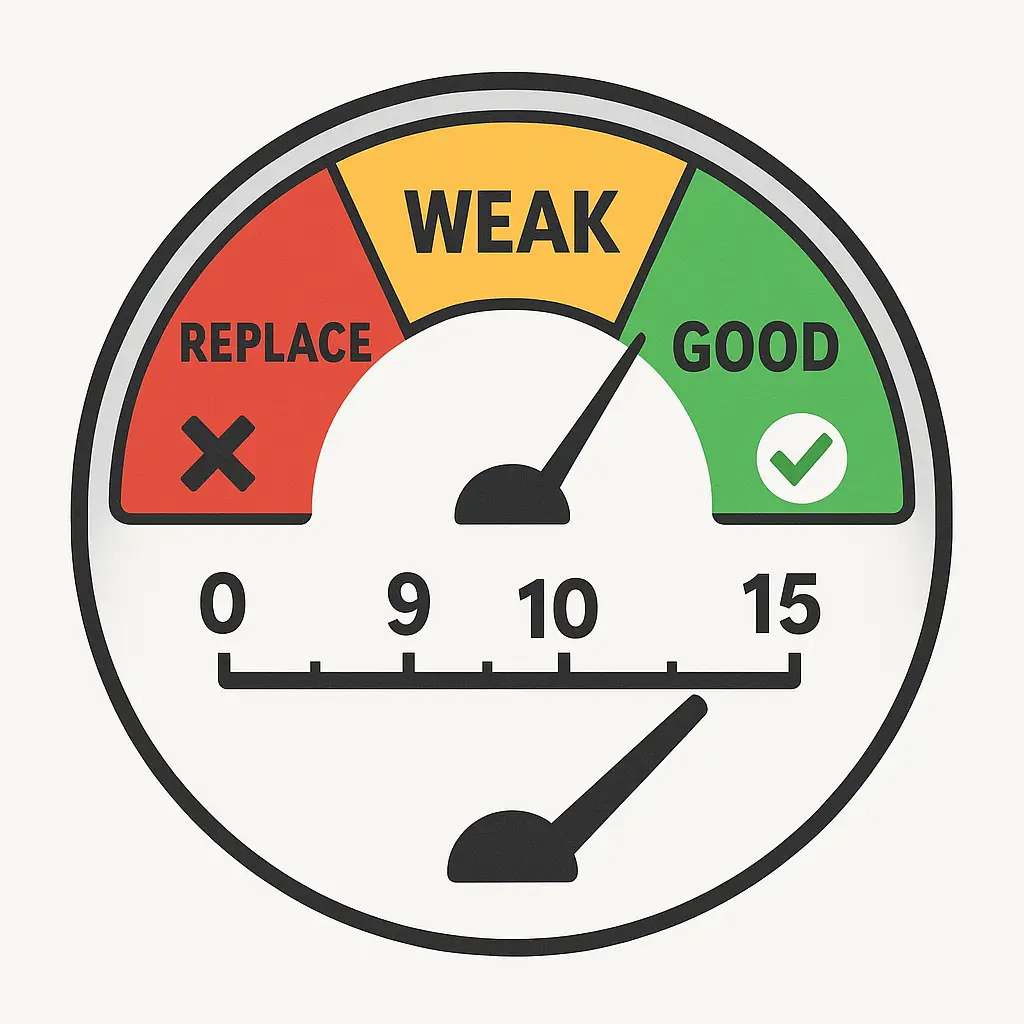 eBike Battery Tester meter display showing color-coded zones for easy e bike Battery health testing and results interpretation