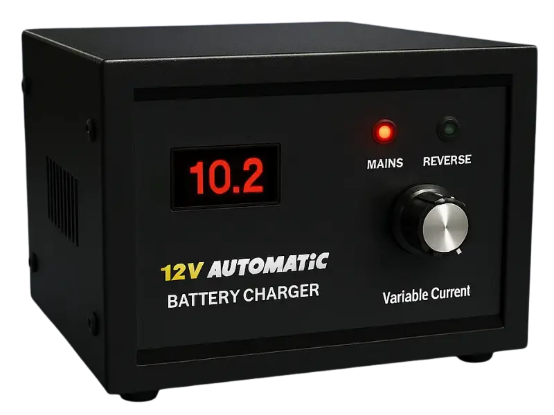 SAMCO inverter battery charger in black metal body with clear indicators