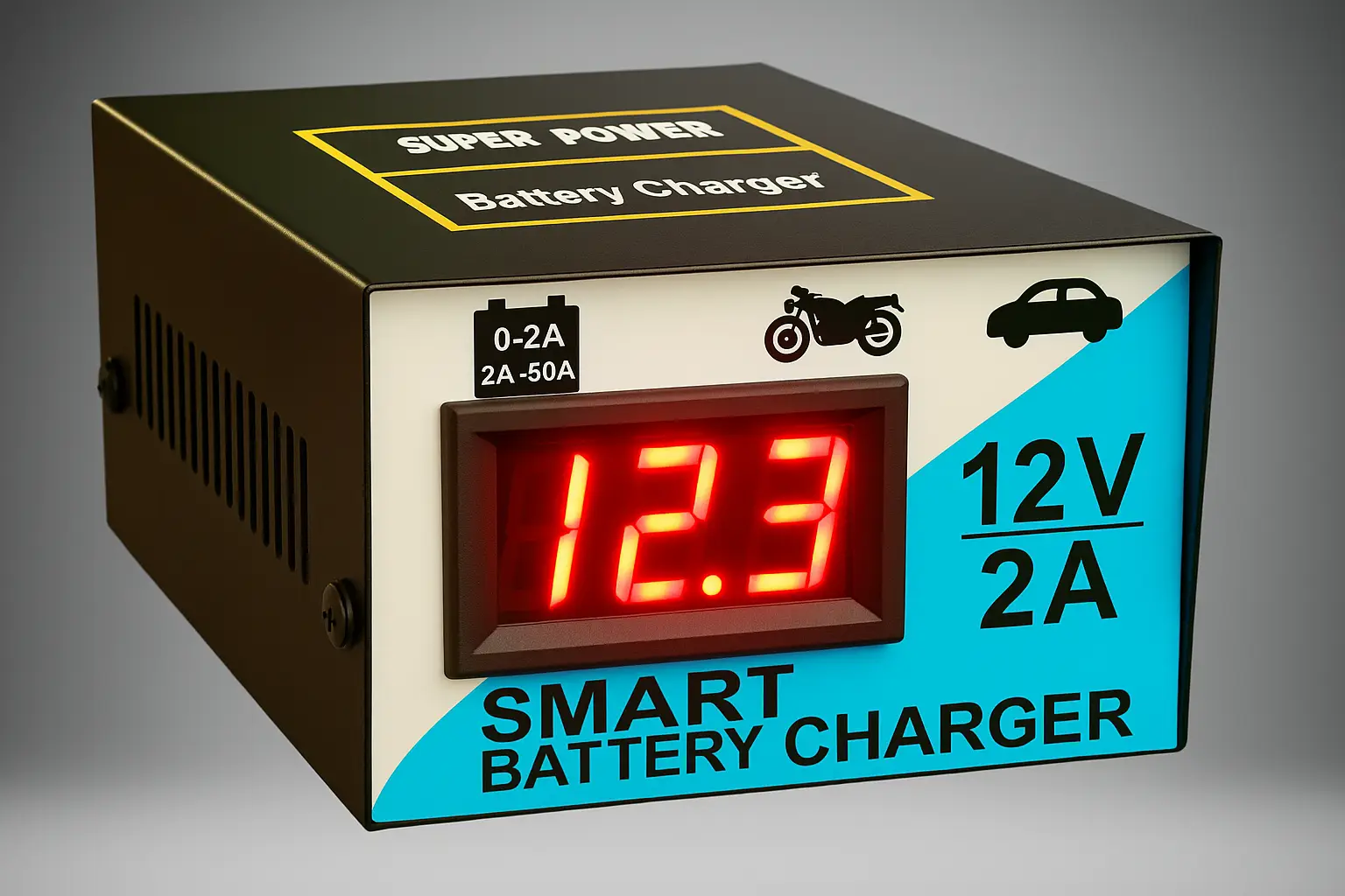 SAMCO metal body bike battery charger 12V — side view, compact design