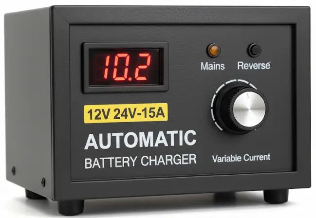 SAMCO variable-current 12V/24V battery charger with adjustable knob.