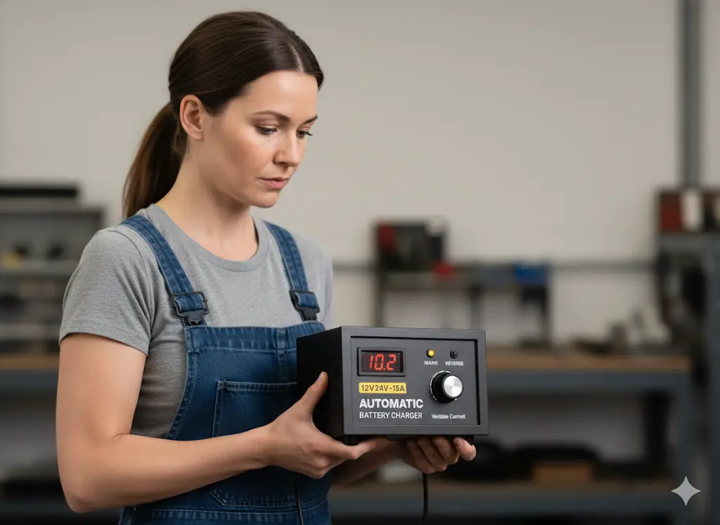 Woman holding the SAMCO 12V/24V battery charger to show size and portability.
