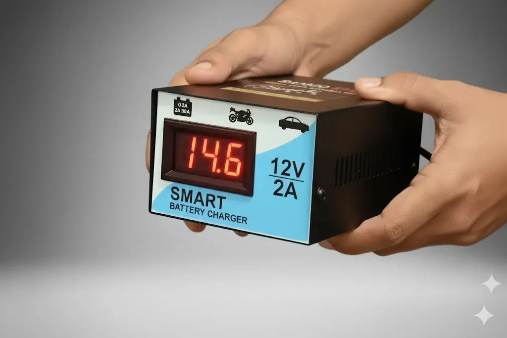 मोटरसाइकिल बैटरी चार्जर 12V 2A – SAMCO का डिजिटल डिस्प्ले व ऑटो कट-ऑफ वाला चार्जर